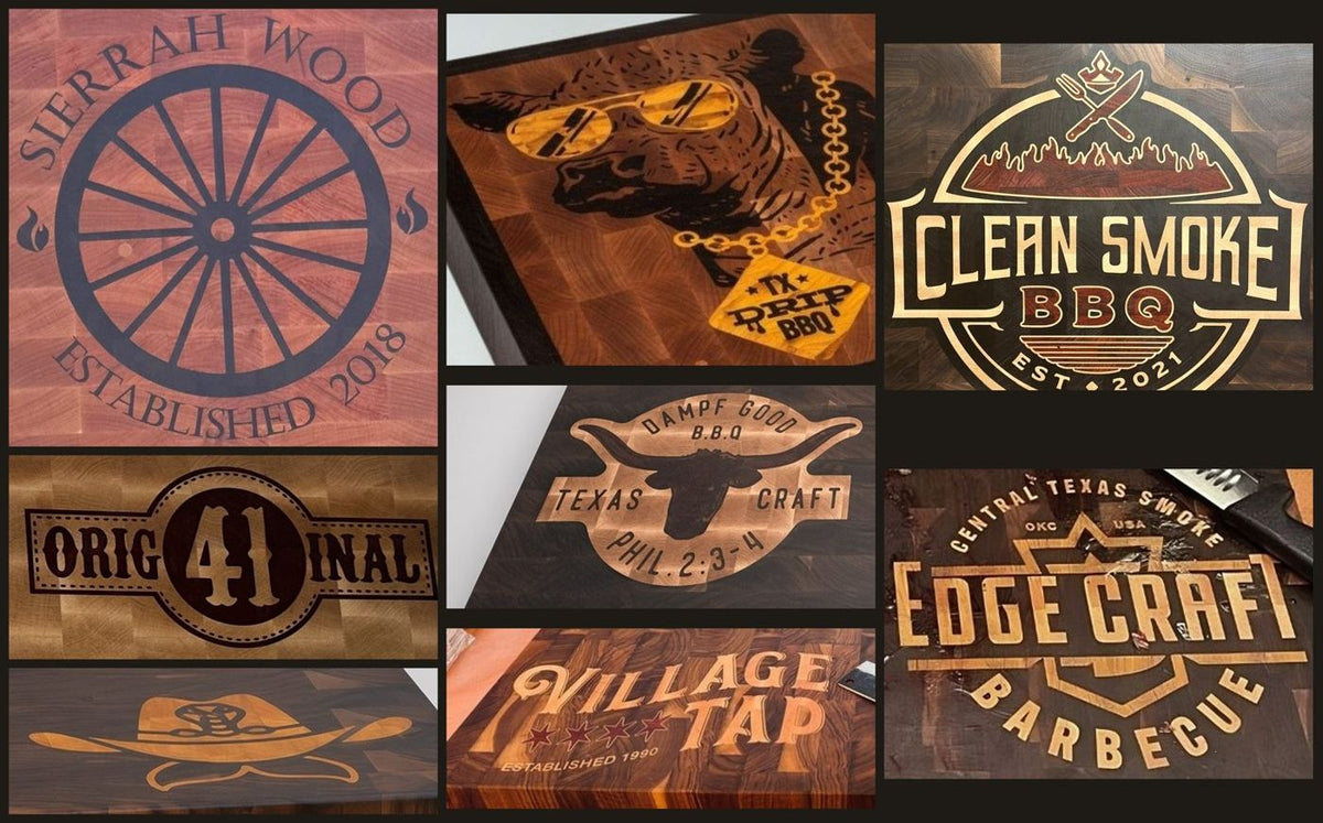 Logo inlays in end grain butcher blocks for Texas BBQ restaurants