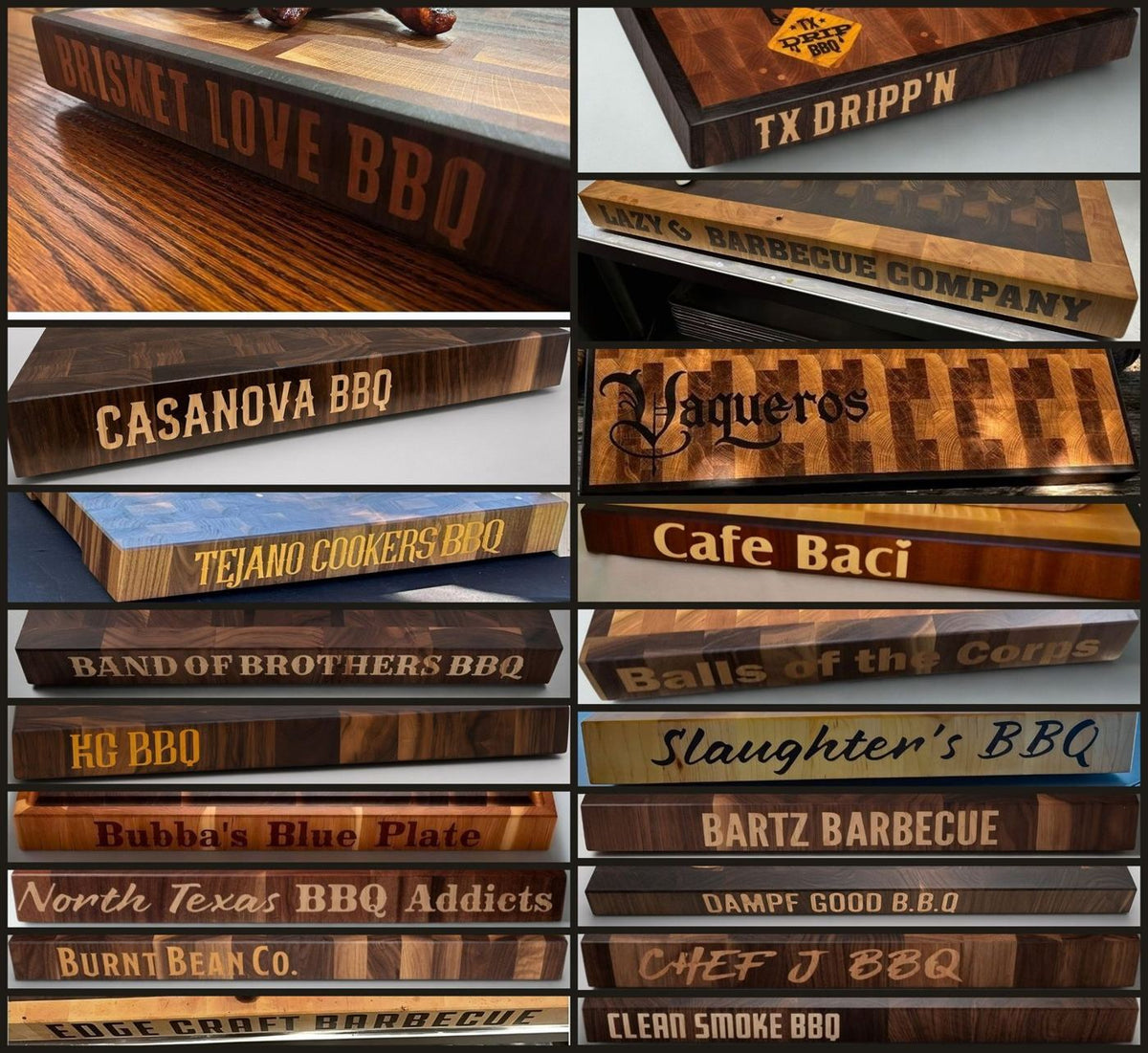 Side name inlays on end grain butcher blocks for Texas BBQ teams