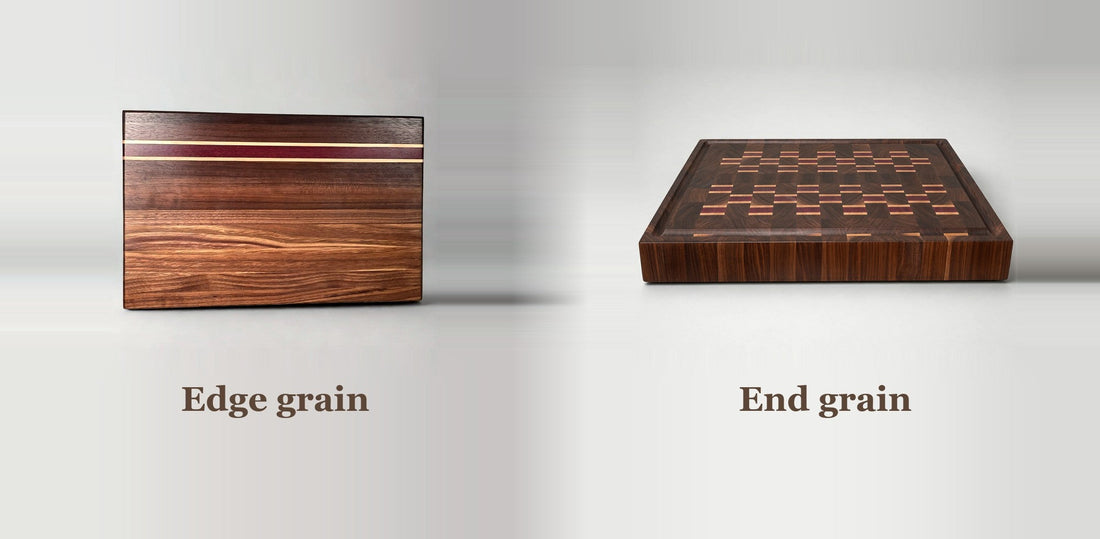 Walnut edge grain cutting board with a purpleheart and maple stripe next to a walnut end grain butcher block with a checkerboard pattern