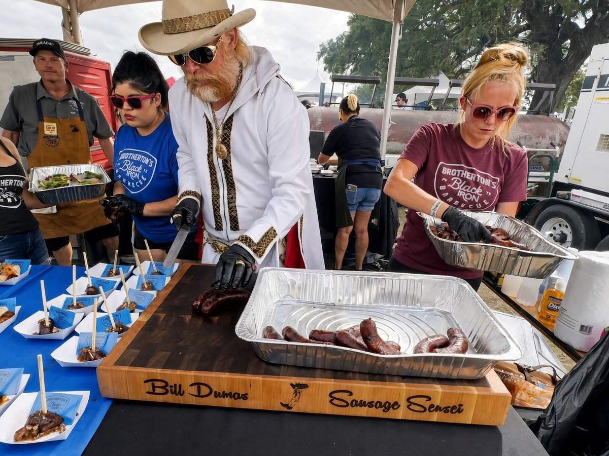 Bill Dumas, the Sausage Sensei, slicing sausage on an end grain butcher block with his name along the side at a festival