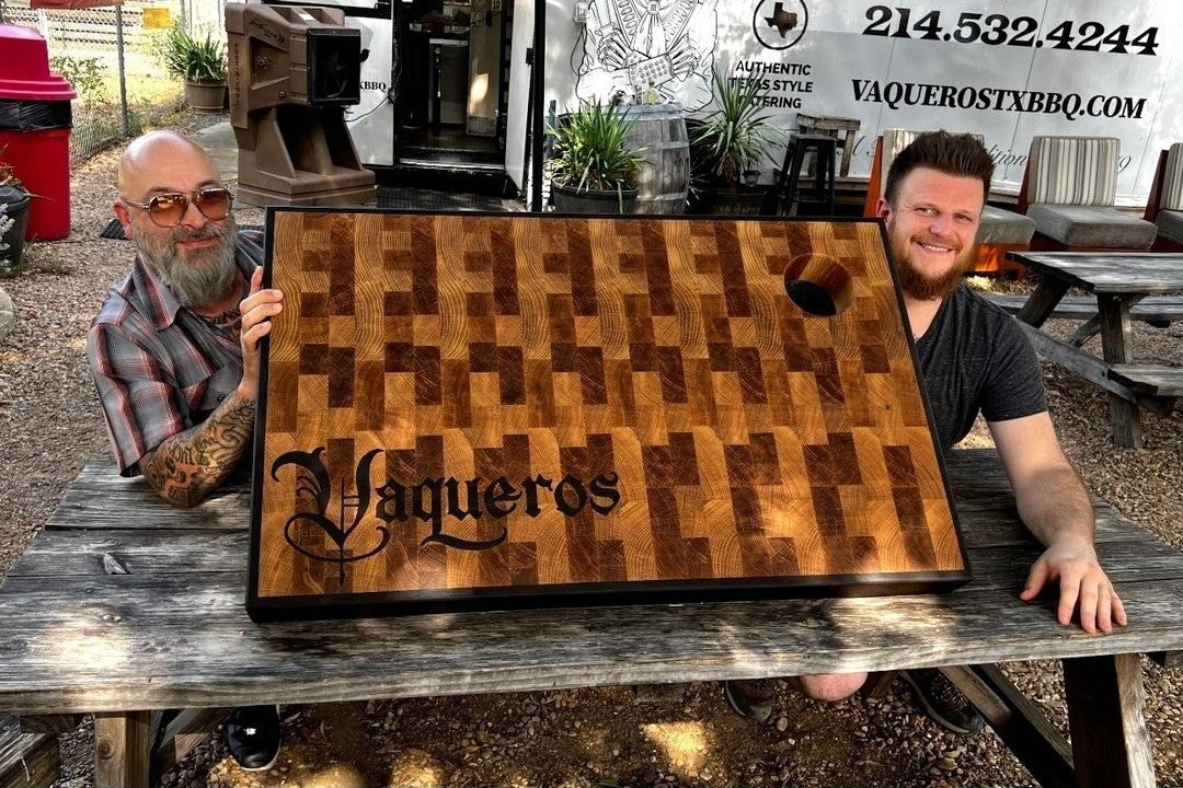 White oak end grain butcher block with a Peruvian walnut border built for Vaqueros Texas Bar-B-Q